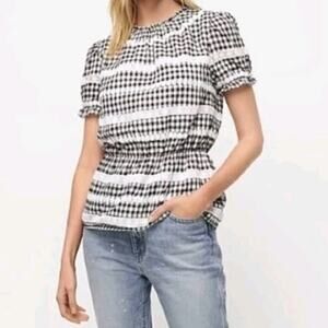 J. Crew Daisy Chain Peplum Top in Gingham Black White Plaid Crochet Ctton Small
